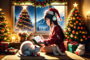 An illustration of a LOFI girl in a Christmas atmosphere, studying by a window in the early morning, in a style that can be either semi-realistic or anime. She is shown in profile, looking down at her homework with her right hand writing. She's wearing headphones and a Christmas hat, immersed in her music. Beside her is a Japanese Maneki-neko (lucky cat) with its left paw raised. The room has a cozy, festive ambiance. Outside the window, there's a view of Mount Fuji, a cluster of small houses, and numerous Christmas trees, capturing the essence of a Christmas morning. The image is ideal for a LOFI music background, 