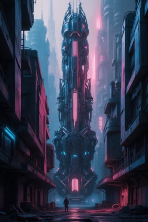 A neon-drenched metropolis of tomorrow: a cyberpunk cityscape where towering skyscrapers pierce the smog-filled sky, their metallic facades reflecting the glow of holographic advertisements. Amidst the labyrinthine streets, humans and AI hybrids coexist in a world of perpetual revolution, where ancient buildings crumble beneath the weight of progress.,FuturEvoLabScene,FuturEvoLabScene