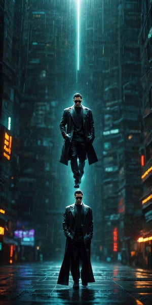 high-definition, dynamic, action-packed, 
1man, Matrix-style, leaping, mid-air, all-black suit, black glasses, athletic build, intense expression, 
((depth of field)), urban skyline, futuristic cityscape, dark ambiance, digital code rain, neon lights, gorgeous movements, Code matrix cascading from top to bottom, by FuturEvoLab, 
gravity-defying, cyberpunk atmosphere, surreal, digital world, Human bones, Time Travel Style, Holy light