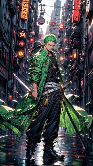  Roronoa Zoro, the iconic character from the One Piece anime:

"Generate a striking and highly detailed visual representation of the legendary swordsman, Roronoa Zoro, from the One Piece anime. Zoro is known for his distinctive appearance and formidable skills.

His hair is a vibrant shade of green, complementing his determined brown eyes. He stands tall and resolute, exuding an air of strength and unwavering determination. Zoro is clad in his signature green outfit, complete with a white haramaki and a bandana.

In his skilled hands, he wields not one but two katana swords, each one unique and finely detailed. The swords should be a reflection of his mastery and the essence of his character.

This image should capture the essence of Zoro's iconic appearance, showcasing his powerful presence and his status as one of the most beloved characters in the One Piece series." Photographic cinematic super super high detailed super realistic image, 8k HDR super high quality image, masterpiece,perfecteyes,zoro, ((perfect hands)), ((super high detailed image)), ((perfect swords)), ,Cyberpunk