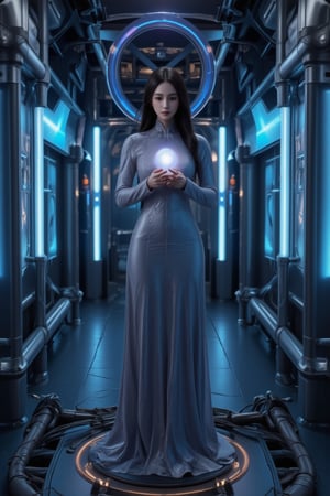 A hauntingly beautiful figure of a witch in a futuristic laboratory setting. The Patuung (a traditional Chinese witch) statue stands tall amidst a backdrop of sleek, metallic machinery and glowing blue tubes. The lighting is dim, with flickering fluorescent lights casting an eerie glow on the subject's pale skin. The witch's pose exudes an air of mystery, her hands grasping a glowing orb as if channeling ancient powers.