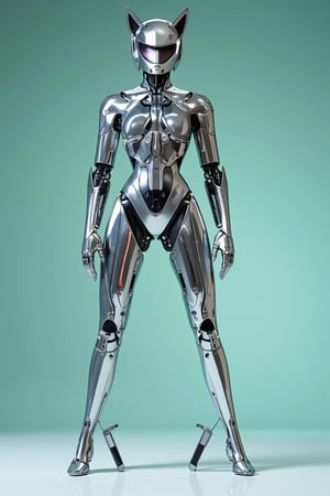 A futuristic female robot with a cat-eared helmet, standing in a dynamic pose. The body is entirely chrome silver with a mirror-like finish, reflecting light and surroundings. The design is sleek and mechanical, with visible joints and panels that emphasize its robotic nature.
The head features a helmet shaped like a stylized cat's head, with pointed ears and a visor where the eyes would be. The helmet retains the chrome silver finish of the body.
The robot's pose is slightly dynamic, suggesting readiness for action. Its limbs are slender but strong-looking, with intricate mechanical details visible in the joints and extremities.
The background is a simple gradient, perhaps a light teal or soft green, to make the chrome body stand out. Lighting is carefully placed to accentuate the reflective surfaces of the robot's body, creating highlights and subtle reflections.
No weapons or additional accessories are present, focusing solely on the robot's striking appearance.
Hyper-detailed, 8K resolution, product photography style mixed with sci-fi concept art. Influenced by anime mecha designs and modern robotics.,FuturEvoLabNinja,FuturEvoLabScene