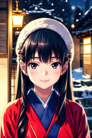 Warm lighting, beautiful Japanese girl, detailed face, shy smile, black eyes, straight black hair, luxurious red hairpin, details (brocade kimono of dark blue silk fabric), Kyoto, outdoor, winter, snow, upper body, realistic ,Japanese girl,Santa Claus,young girl,CyberMechaGirl