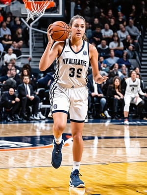 A stunningly athletic basketball girl with porcelain-like white skin, her appearance exudes beauty and grace. A dynamic portrait captures her in mid-dribble, showcasing her physical prowess and confidence. Every detail is meticulously rendered, from her elegant posture to the vibrant colors of her jersey and the intensity in her gaze. The image radiates power and energy, drawing viewers into the captivating world of sports and athleticism.