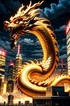 A cyberpunk scene featuring a giant golden Chinese dragon with a serpent-like body and sharp talons, set against a futuristic cityscape. The dragon is intricately detailed, with shimmering golden scales illuminated by the neon lights of the city. Its talons are menacing and powerful, adding to its formidable presence. The cyberpunk city in the background is alive with neon signs, towering skyscrapers, and a web of aerial vehicles, capturing the essence of a high-tech, dystopian future.
(Masterpiece, Best Quality, 8k:1.2), (Ultra-Detailed, Highres, Extremely Detailed, Absurdres, Incredibly Absurdres, Huge Filesize:1.1), (Anime Style:1.3), , Golden oriental dragon,Cyberpunk,Golden Chinese Dragon