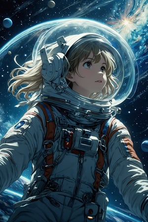 a girl astronaut exploring the cosmos, floating among planets and stars, high quality detail, anime screencap, studio ghibli style, illustration, high contrast, masterpiece, best quality