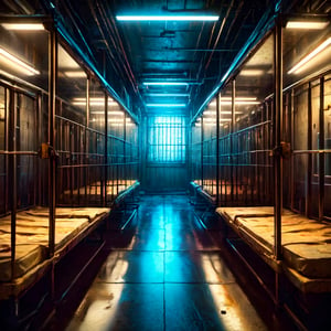 (masterpiece, high quality:1.5), 64K, HDR, Unity 64K Wallpaper, Best Quality, RAW, Masterpiece, Super Fine Photography, Best Quality, Super High Resolution, Super Detailed, Beautiful and Aesthetic, by FuturEvoLab, 
((Prison)), ((Jail)), ((depth of field)), (Background), A spacious cell, an empty prison, Cyberpunk prison, Cyberpunk