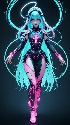 (masterpiece, best quality, fantasy, absurdres, concept art, 2.5D style), medium shot, womans hair is made from thin multicolored neon tendrils:1.5), (long thin multicolored neon string hair is flowing down her body), her hair made of thin multicolored neon tendrils is conforming to and covering her body forming a dress, neon fibers:1, cables of neon strings, cables and tech, intricate and detailed tech gear, chaos, mind blowing, beautiful detailed glow, neon tendrils, flowing, multicolored neon strings swirling around the character:1.47, intricate:1.2, detailed light:1.2, dim lit, muted color, teal and blue, hi-contrast, mid-saturation, high-res CG, dynamic angle