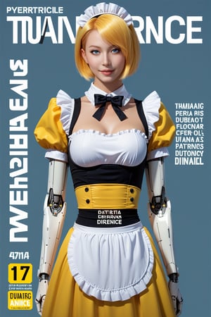 (magazine cover:1.4), simple background, 
1girl, solo, cybernetic, cyborg, (yellow short hair:1.1), txznmec, ,Maid uniform, ,FuturEvoLab,FuturEvoLabgirl