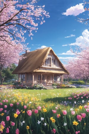 A delightful anime-style house nestled in a vibrant spring garden, full of life and color. The house features a quaint, storybook design with a thatched roof and pastel-hued walls, surrounded by a riot of blooming cherry blossoms, tulips, and daffodils. The sky above is a brilliant, clear blue, dotted with a few fluffy, cotton-candy clouds. Soft, golden sunlight filters through the branches, creating a warm, inviting glow over the scene. A gentle breeze stirs the petals, adding a touch of movement and magic to the atmosphere. The image is cinematic, ultra HD, with sharp focus and highly detailed textures, capturing the essence of renewal and beauty that defines April.,FuturEvoLabStyle