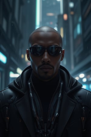 A close-up shot of a man wearing sleek black sunglasses and a long, flowing black leather trench coat, reminiscent of characters from *The Matrix*. His expression is stoic, exuding a sense of mystery and power. The futuristic coat is detailed with subtle metallic accents and cybernetic enhancements visible on his neck and collar. He is also wearing sleek, high-tech headphones that blend seamlessly into the cyberpunk aesthetic, with glowing accents that match the metallic elements of his outfit. The background features a dark, dystopian city with neon lights reflecting off his sunglasses, digital rain falling, and towering skyscrapers in the distance, evoking a cyberpunk atmosphere. The scene is intense and filled with a futuristic, high-tech vibe, focusing on the man's upper body and head, capturing his presence and confidence, FuturEvoLabScene, FuturEvoLabNinja