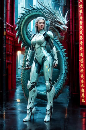 Full body portrait of a robot female with a human face, dragon skin, and dragon scale pattern, holding a dragon head weapon, long white hair, dragon-themed attire, set in outer space with a complex background featuring Chinese Dragon, Mecha, and Cyberpunk elements, by FuturEvoLab, (masterpiece: 2), best quality, ultra highres, original, extremely detailed, perfect lighting, vibrant colors, dynamic composition, (complex background:1.1), futuristic and imaginative