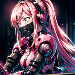 Female Ninja,Black mask,Close-up, Pink horsetail, sweet smile, lovely,working on laptop,cyberpunk style,headphones,listening to music,lofi background,keyboard,mouse,LED lights,(best quality,4k,8k,highres,masterpiece:1.2),ultra-detailed,(realistic,photorealistic:1.37),mecha,urban techwear,outfit,3DMM