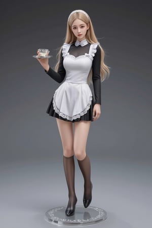 FuturEvoLabFigure, 
A high-quality anime-style figure of a beautiful girl dressed in an elegant and traditional Japanese maid outfit. The figure features long, flowing hair styled neatly, with a gentle and charming expression that radiates grace and playfulness. She is wearing a classic black and white maid dress, with a frilly white apron and lace accents. The dress is form-fitting at the bodice and flares out into a short, pleated skirt, giving her a cute and stylish appearance. She wears a matching white lace headband and small bows on her apron, adding to the maid aesthetic. Her outfit is completed with knee-high stockings and polished black shoes. In one hand, she holds a silver tray with a cup of tea, while the other hand gently rests at her side. The figure stands on a clear, minimalistic base decorated with subtle, elegant patterns, complementing her refined look. Her pose is playful yet respectful, embodying the charm and appeal of a classic Japanese maid, with attention to every delicate detail.