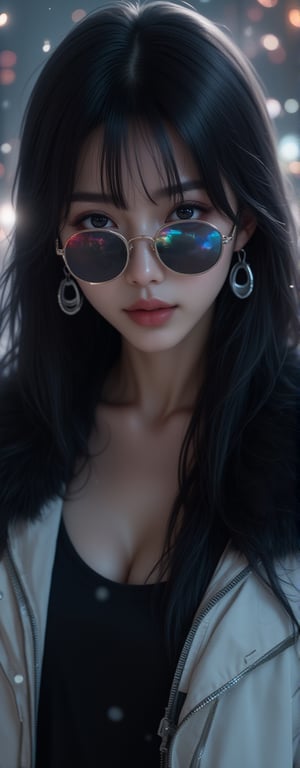 1girl, solo, long hair, looking at viewer, very badass girl, bangs, blue eyes, black hair, jewelry, jacket, upper body, sidelocks, earrings, parted lips, fur trim, black shirt, sunglasses, white jacket, zipper, looking over eyewear, ((masterpiece: 1.2)), light particles, stunning image, attractive image, digital art, professional style, 