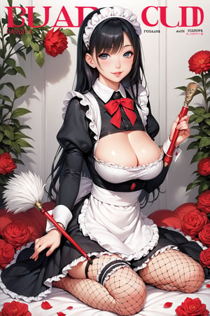 score_9, score_8_up, score_7_up,  1girl, maid, black hair, long hair, seducing viewer, feather duster, heart, curvy, maid headband, looking at the viewer, female focus, fishnets, posing, flowers, kneeling, red theme, from behind, magazine cover, ,Maid uniform