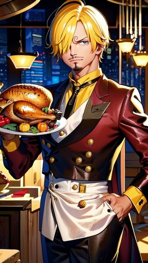 8k, best quality, ultra high res, masterpiece, , sanji2, suit, hair_over_one_eye, yellow hair, eyebrow, black shirts, necktie, Burgundy jacket, facial hair, cowboy shot, cooking, Thanksgiving turkey, roasted turkey, Cyberpunk