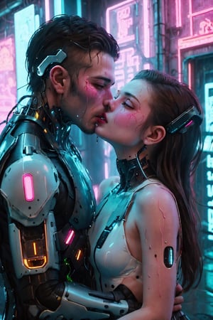 In Cyberpunk Couples Hotel, a man is kissing a woman's mouth, wet kissing, and neon lights are shining on two couples. A woman's mouth is very open and comfortable. Kiss of Cyborg,Cyberpunk