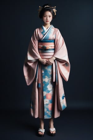 Score_9, Score_8_up, Score_7_up, Score_6_up, Score_5_up, Score_4_up, source_realistic, realistic, masterpiece, best quality, ultra-detailed, ultra high res, photorealistic, RAW photo, realistic lighting, 
BREAK
1girl, solo, full body, black background, Kimono, geta, traditional japanese sandals, FuturEvoLabKimono, FuturEvoLabgirl, 