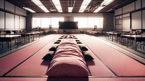 An empty futuristic Japanese high school classroom, interior designed with a bold, futuristic style, depicted in a high-resolution, photorealistic style. The perspective is a symmetrical front view from the first-person perspective, lying down, looking from the floor up towards the ceiling. It's morning, during the day, and in the distance, there's a large rectangular black monitor. The floor is covered with bedding, resembling a Japanese shelter. The decor features bold pink and red tones, giving a sense of a daring design. 