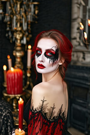 Halloween-inspired minimalist upper body portrait of a woman, with abstract, high-contrast makeup in shades of red, black, and white. Her face and shoulders are blurred in an artful way, creating a haunting, feminine beauty. Soft gradients and ample negative space enhance the eerie, elegant atmosphere; refined composition.
