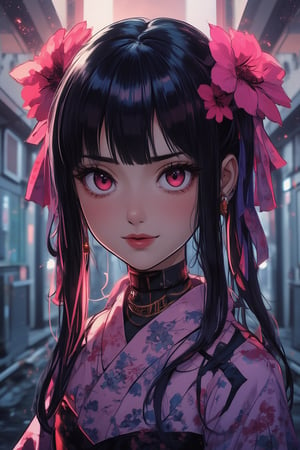 ((((futuremadness, , anime style, vivid colors, flat style, gradient, fluorecent , cyberpunk )))), 1girl, solo, looking at viewer, smile, bangs, black hair, hair ornament, red eyes, bow, jewelry, closed mouth, upper body, flower, earrings, outdoors, japanese clothes, pink eyes, kimono, blurry, tree, lips, parted bangs, eyelashes, makeup, depth of field, blurry background, floral print, cherry blossoms, tassel, hair rings, nose,FuturEvoLabScene