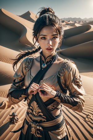 Doton, Doton no Jutsu, 1boy, solo, ninja, ninja clothes, dragon, eastern dragon, Dragons made of sand,
Outdoors, dune, desert, 
fighting stance,
(Masterpiece, Best Quality, 8k:1.2), (Ultra-Detailed, Highres, Extremely Detailed, Absurdres, Incredibly Absurdres, Huge Filesize:1.1), (Photorealistic:1.3), By Futurevolab, Portrait, Ultra-Realistic Illustration, Digital Painting. 