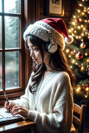 An illustration of a LOFI girl in a Christmas atmosphere, studying by a window in the early morning, in a style that can be either semi-realistic or anime. She is shown in profile, looking down at her homework with her right hand writing. She's wearing headphones and a Christmas hat, immersed in her music. Beside her is a Japanese Maneki-neko (lucky cat) with its left paw raised. The room has a cozy, festive ambiance. Outside the window, there's a view of Mount Fuji, a cluster of small houses, and numerous Christmas trees, capturing the essence of a Christmas morning. The image is ideal for a LOFI music background, ,Lofi style