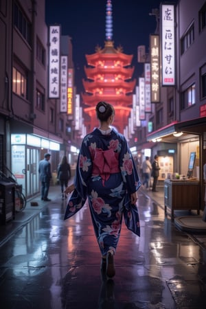 A beautiful Japanese woman walks gracefully down the neon-lit streets of futuristic Kyoto at night, her back turned to the viewer, showcasing the flowing lines of her traditional kimono. The glowing, luminescent fibers of the fabric shimmer softly under the city’s vibrant lights, as her geisha-style updo, adorned with futuristic kanzashi, emits a gentle glow. In the distance, AI-enhanced temples glow brightly with neon lights and digital panels, displaying traditional Japanese imagery in a futuristic style. Their reflections ripple across the sleek, polished streets as the woman strides forward, while nearby street vendors’ holographically projected goods blend seamlessly with the high-tech surroundings, creating a harmonious fusion of tradition and advanced technology.
