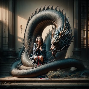 Chinese dragon, sleeping dragon posture, head bowed, dignified, introspective, subdued, texture and details, humble posture, profound symbolism, repentance, solemn introspection, wisdom and humility.
By FuturEvoLab, (Masterpiece, Best Quality, 8k:1.2), (Ultra-Detailed, Highres, Extremely Detailed, Absurdres, Incredibly Absurdres, Huge Filesize:1.1), 
