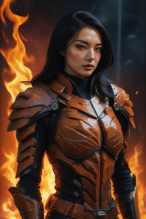 masterpiece, best quality, realistic, 1girl, solo, looking at viewer, black hair, standing, cowboy shot, armor, black background, FuturEvoLabMecha, FuturEvoLabCyberpunk, FuturEvoLabCity, FuturEvoLabAnime, 