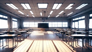 High-resolution, photorealistic image of an empty modern Japanese high school classroom. The perspective is a front-facing view, using a first-person perspective as if someone is lying on the ground looking upwards towards the ceiling. The composition is symmetrical. It is noon on a bright day, with sunlight streaming in from the windows at the side. In the distance, there is a large rectangular black display monitor, Bold design,