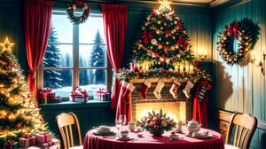 Christmas tea, window overlooking a magical forest, curtains on the window, magic, Christmas background, Mysterious, Mysterious,Christmas Room,Santa Claus