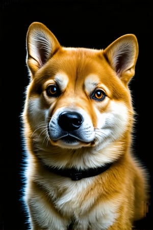 close-up portrait of a cute shiba inu puppy Dramatic lighting against black background. Hyper-realistic, high-resolution image showcasing the puppy's expressive features and coloration, FuturEvoLabStyle