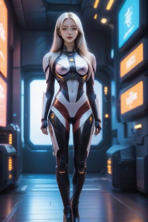 masterpiece, best quality, realistic, full body, 1girl, solo, long hair, smile, blue eyes, blonde hair, standing, white hair, cowboy shot, Cyberpunk background,  looking at viewer, FuturEvoLabMecha, FuturEvoLabCyberpunk, 