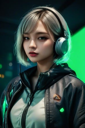 masterpiece, best quality, photorealistic, 1girl, solo, short bob cut, metallic silver hair, looking at viewer, upper body, Dark Urban Background, minimal background, neon green lighting, sharp shadows, confident expression, detailed skin, smooth features, modern setup, classic portrait style, high clarity, simple background, cinematic lighting, wearing futuristic urban streetwear with oversized jacket, glowing patterns, and integrated over-ear headphones, stylish and edgy
