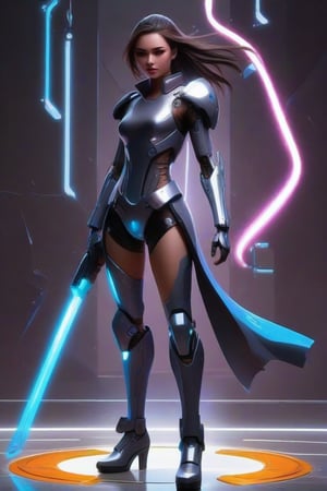 masterpiece, best quality, anime, anime style, Game character design, cyberpunk, full body, 1girl, solo, mecha, energy sword weapon, looking at viewer, gray background, FuturEvoLabMecha, FuturEvoLabGame, FuturEvoLabAnime, FuturEvoLabTaichi, FuturEvoLabCyberpunk, yin yang, taichi