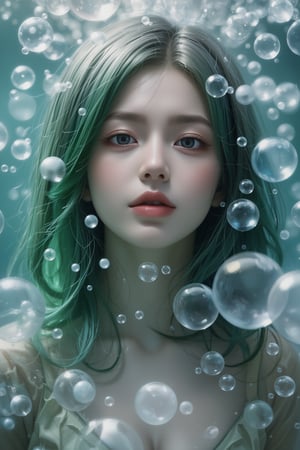 a woman with green hair is surrounded by bubbles, inspired by Yanjun Cheng, fantasy art, pop Japonisme 3d ultra-detailed, fantasy Victorian art, style hybrid mix of people, underwater face, ross-draws, stylized 3d, 