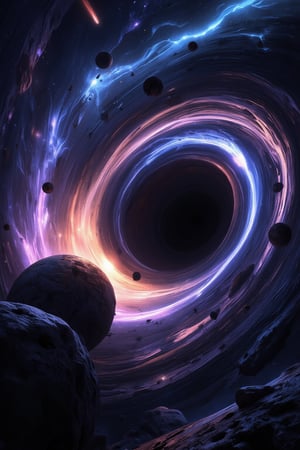 A highly detailed depiction of a black hole on the edge of a collapsing star system, with tendrils of plasma being pulled into the event horizon. The black hole sits at the heart of the image, a dark, almost invisible sphere, with gravitational lensing distorting the stars and galaxies behind it. Surrounding the black hole is an intensely bright accretion disk, glowing in vivid shades of blue, purple, and orange. Wisps of cosmic dust and gas stream towards the singularity, creating a sense of motion and energy. The background features distant galaxies and nebulae, making the scene feel vast and mysterious, blending fantasy with scientific realism, FuturEvoLabScene