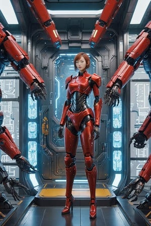 1girl, girl, perfect body proportion, huge breasts, bikini mecha, mecha, red mecha. 
(Masterpiece, Best Quality, 8k:1.2), (Ultra-Detailed, Highres, Extremely Detailed, Absurdres, Incredibly Absurdres, Huge Filesize:1.1), (Photorealistic:1.3), By Futurevolab, Portrait, Ultra-Realistic Illustration, Digital Painting. ,Blue Backlight,Robot factory