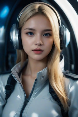 masterpiece, best quality, photorealistic, 1girl, solo, shoulder-length hair, platinum blonde hair, looking at viewer, upper body, Spacecraft Cockpit Background, minimal background, natural light, smooth shadows, determined expression, detailed skin, soft features, space setup, classic portrait style, high clarity, simple background, cinematic lighting, wearing a sleek flight suit with integrated communication headset and helmet, futuristic and professional