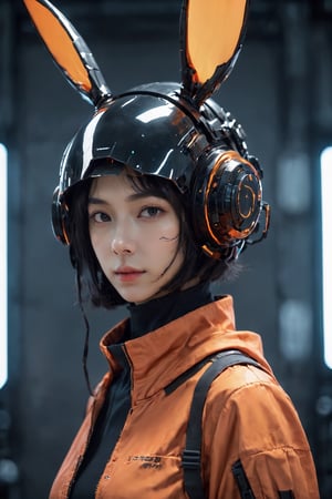 1girl, solo, looking at viewer, short hair, black hair, hat, jacket, upper body, hood, black eyes, mask, helmet, mouth mask, orange headwear, orange theme, cyberpunk,FuturEvoLab-girl,FuturEvoLab-mecha,FuturEvoLab-Bunny,Red mecha