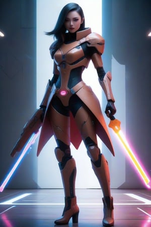 masterpiece, best quality, anime, anime style, Game character design, cyberpunk, full body, 1girl, solo, mecha, energy sword weapon, looking at viewer, gray background, FuturEvoLabMecha, FuturEvoLabGame, FuturEvoLabAnime, FuturEvoLabTaichi, FuturEvoLabCyberpunk, yin yang, taichi