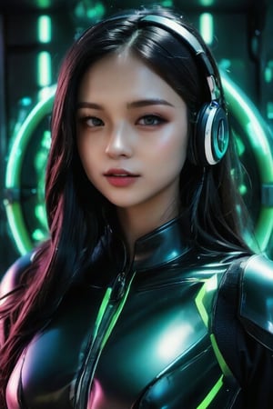 masterpiece, best quality, photorealistic, 1girl, solo, long straight hair, jet-black hair with neon green highlights, looking at viewer, upper body, Cybernetic Lab Background with deep depth of field, neon green and purple lighting, soft shadows, determined expression, detailed skin, smooth features, cyber setup, classic portrait style, high clarity, simple background, cinematic lighting, wearing a holographic combat suit with sleek armor plating and advanced tactical headphones, futuristic and powerful, FuturEvoLabMecha, FuturEvoLabAnime,FuturEvoLabCyberpunk