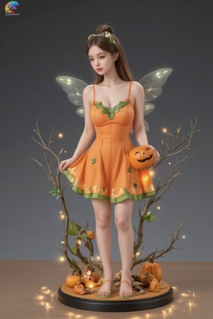 FuturEvoLabFigure, 
A cute anime-style figure of a girl dressed as a pumpkin fairy. She wears a bright orange pumpkin-shaped dress with green leaf accents and has small, glowing wings on her back. Her shoes resemble tiny pumpkins, and she holds a glowing jack-o'-lantern. The base is scattered with mini pumpkins and vines, giving the scene a lighthearted, playful Halloween feel.