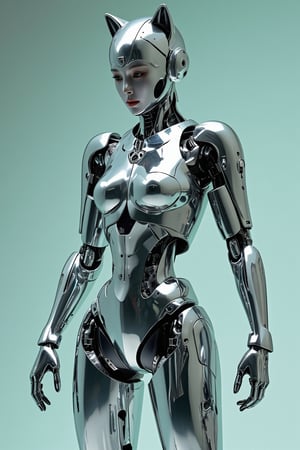 A futuristic female robot with a cat-eared helmet, standing in a dynamic pose. The body is entirely chrome silver with a mirror-like finish, reflecting light and surroundings. The design is sleek and mechanical, with visible joints and panels that emphasize its robotic nature.
The head features a helmet shaped like a stylized cat's head, with pointed ears and a visor where the eyes would be. The helmet retains the chrome silver finish of the body.
The robot's pose is slightly dynamic, suggesting readiness for action. Its limbs are slender but strong-looking, with intricate mechanical details visible in the joints and extremities.
The background is a simple gradient, perhaps a light teal or soft green, to make the chrome body stand out. Lighting is carefully placed to accentuate the reflective surfaces of the robot's body, creating highlights and subtle reflections.
No weapons or additional accessories are present, focusing solely on the robot's striking appearance.
Hyper-detailed, 8K resolution, product photography style mixed with sci-fi concept art. Influenced by anime mecha designs and modern robotics.,FuturEvoLabNinja,FuturEvoLabScene