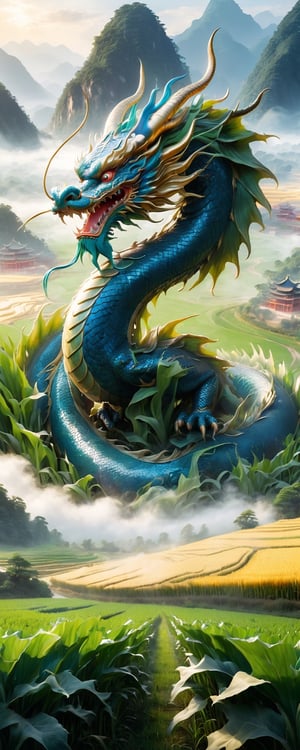 Striking depiction of 'The dragon appearing in the field', traditional Chinese dragon with splendid scales and regal posture, prominently displayed against lush fields, symbolizing visibility and awakening potential, majestic and formidable appearance, body coiling elegantly, piercing gaze, embodying wisdom and emerging power, rich and fertile fields, enhancing significance of dragon's emergence, promise of growth and prosperity, by FuturEvoLab, (Masterpiece, Best Quality, 8k:1.2), (Ultra-Detailed, Highres, Extremely Detailed, Absurdres, Incredibly Absurdres, Huge Filesize:1.1), vivid and dynamic composition,Chinese dragon