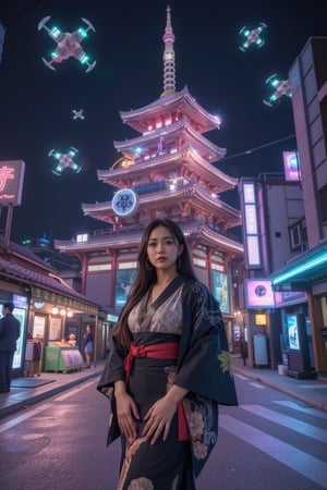 A stunning Japanese beauty stands out on the futuristic Kyoto streets at night, her traditional kimono vibrant against sleek, high-tech architecture with shimmering digital panels and holographic displays. Confidently posing with hands tucked into her sleeves, her long hair flows gently in the cool, neon-lit night air. Above her, futuristic temples glow with bright, neon lights, their structures enhanced with AI technology, blending tradition with a cyberpunk aesthetic. The night sky is filled with futuristic flying vehicles, their lights reflecting off the temple rooftops and casting vibrant, moving patterns onto the street below. Street vendors' stalls feature interactive digital elements, bursting with neon colors that perfectly match the bustling, futuristic vibe of the city. Her elegant figure is framed by this dynamic, technologically advanced, neon-infused cityscape, under the watchful presence of hovering aircraft.
