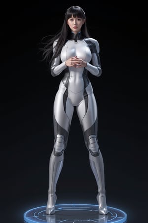 A high-quality anime-style figure of a stunning futuristic mech girl, dressed in sleek, high-tech armor. The figure features long, flowing black hair with a metallic sheen, cascading down her back, and her body is encased in a slim-fitting, glossy white and silver exosuit, highlighting her futuristic appearance. She is posed leaning slightly forward, with her hands resting together, exuding both elegance and power. Her armor is intricately designed, with glowing neon blue lines running across her body, giving off a high-tech, cybernetic vibe. Her legs are clad in form-fitting, armored plating that accentuates her sleek silhouette, with mechanical joints and robotic details visible at the knees and ankles. She stands on a clear, minimalistic base with holographic elements that create a sense of hovering technology. The design includes advanced weaponry subtly integrated into her armor, and her pose and expression blend grace with the strength of a high-tech warrior., FuturEvoLabGiant, 