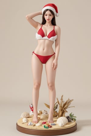 FuturEvoLabFigure, 
A fun anime-style figure of a girl in a Santa-inspired bikini, perfect for a tropical Christmas theme. She wears a red bikini with white fur trim and a Santa hat, her playful expression showing off her holiday cheer. The base is decorated with seashells, sand, and small Christmas decorations, adding a beachy twist to the holiday.